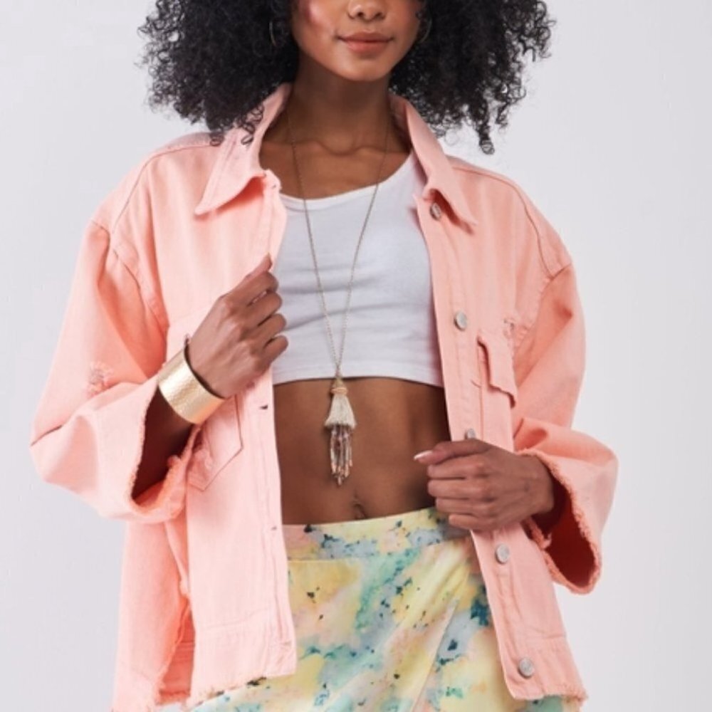 Washed Peach Distressed Button-Down Jacket